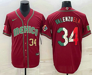 Mens Mexico Baseball #34 Fernando Valenzuela Number 2023 Red Blue World Baseball Classic Stitched Jersey3
